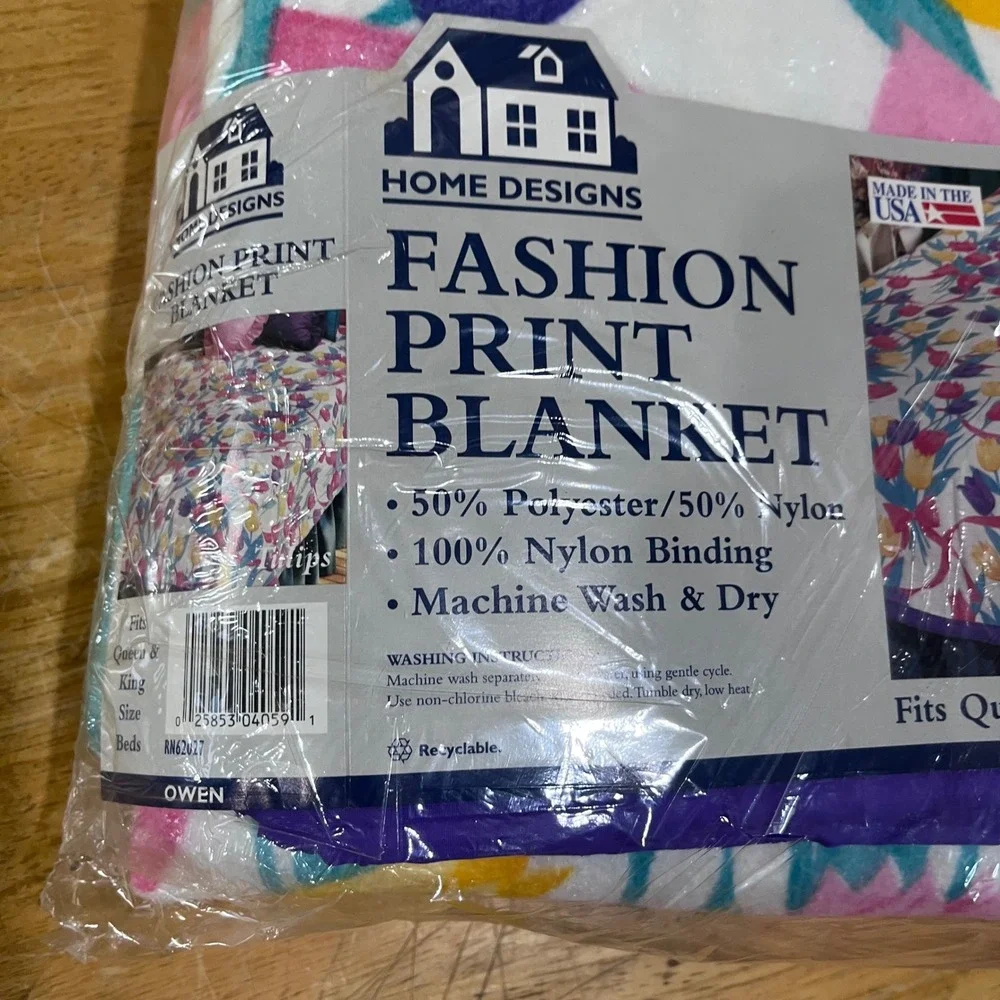 Vtg Home Designs Tulips‎ Floral Print Blanket Queen King Made in USA 102x90 New